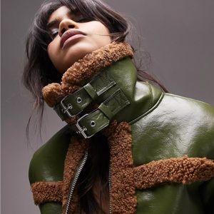 NWT Topshop cropped faux shearling aviator biker jacket
